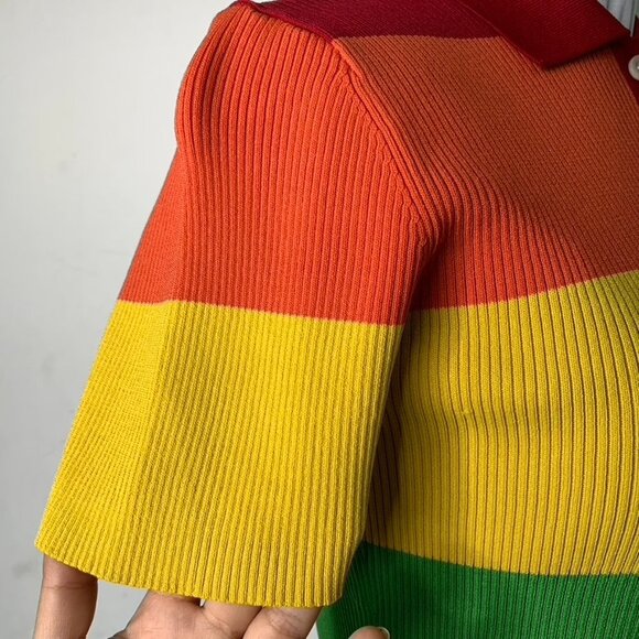 Rokh Women's Rainbow Short Sleeve Ribbed Collared Shirt Top Size Medium - Picture 7 of 12